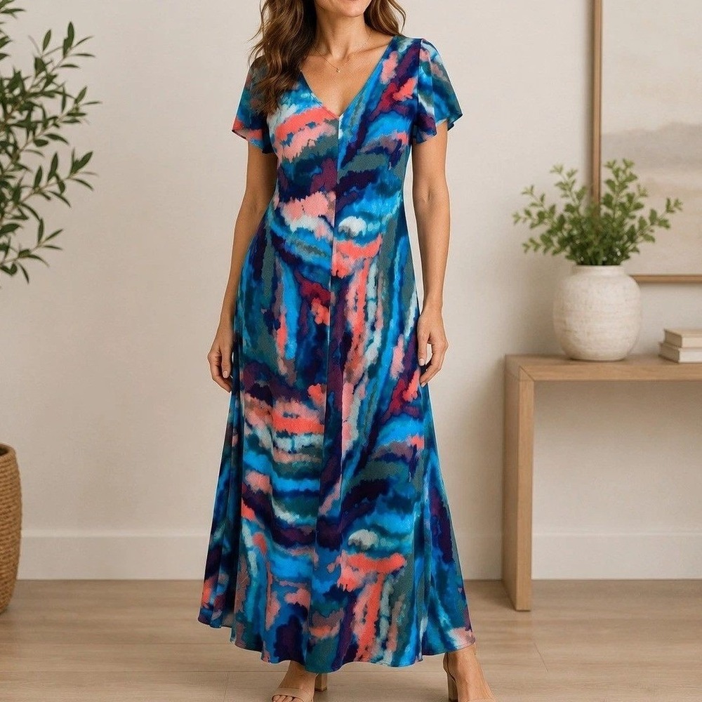 Soft Surroundings Maxi Dress Women's PL Multicolor Rayon Abstract V neck